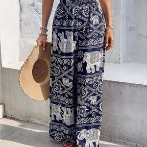 Navy Elephant Print Wide-Leg Pants